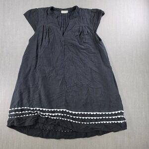 4Our Dreamers Tunic Top Women M Black Linen Blend Ric-Rac Trim Pintuck V-Neck